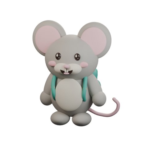 Milo, a smiling grey mouse with a teal backpack